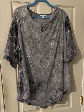 Cato Gray Embellished Tunic Top with Decorative Neck Detail